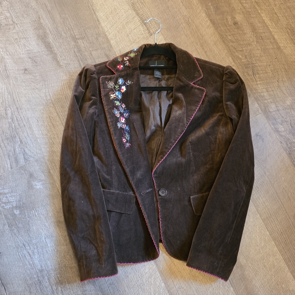 Moda International Brown Velvet Floral Embroidered Blazer Sz 6